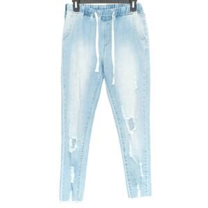 Hayden LA Womens Jeans Jogger Style Distressed Pull On Raw Hem Blue Small EW